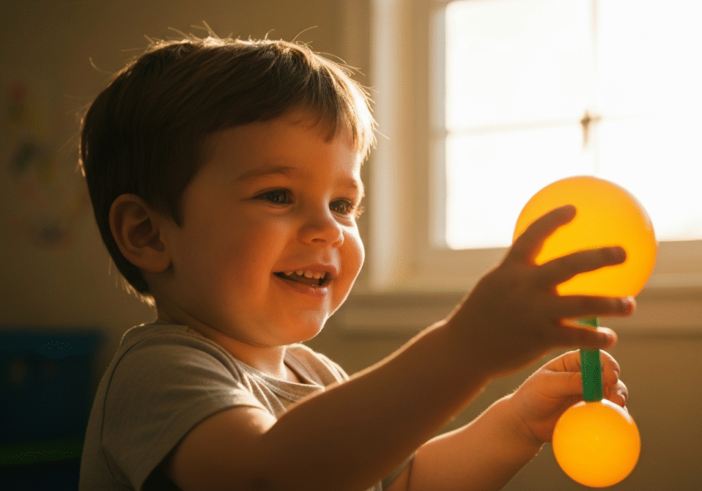 A close-up, low-angle shot captures Oliver, a three-year-old boy, beaming with vibrant energy as he playfully interacts with a bright, sun-drenched toy, his face illuminated by the warm, hopeful glow of natural light streaming in from a nearby window, creating soft shadows that accentuate his joyful expression and the delicate details of his features. The scene is imbued with a golden hour ambiance, where the gentle, diffused sunlight washes over Oliver and the room, symbolizing the dawn of a new, healthier future and casting a comforting, almost ethereal light on his remarkable progress. This soft, luminous lighting emphasizes the warmth and tenderness of the moment, highlighting the profound positive changes in his demeanor and physical well-being as he thrives under the care he has received.